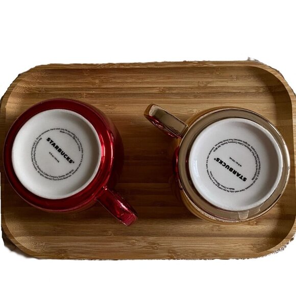 Two  2013 Holiday Christmas Starbucks Ceramic gold and red  Mirror Mugs Cups - Picture 5 of 11